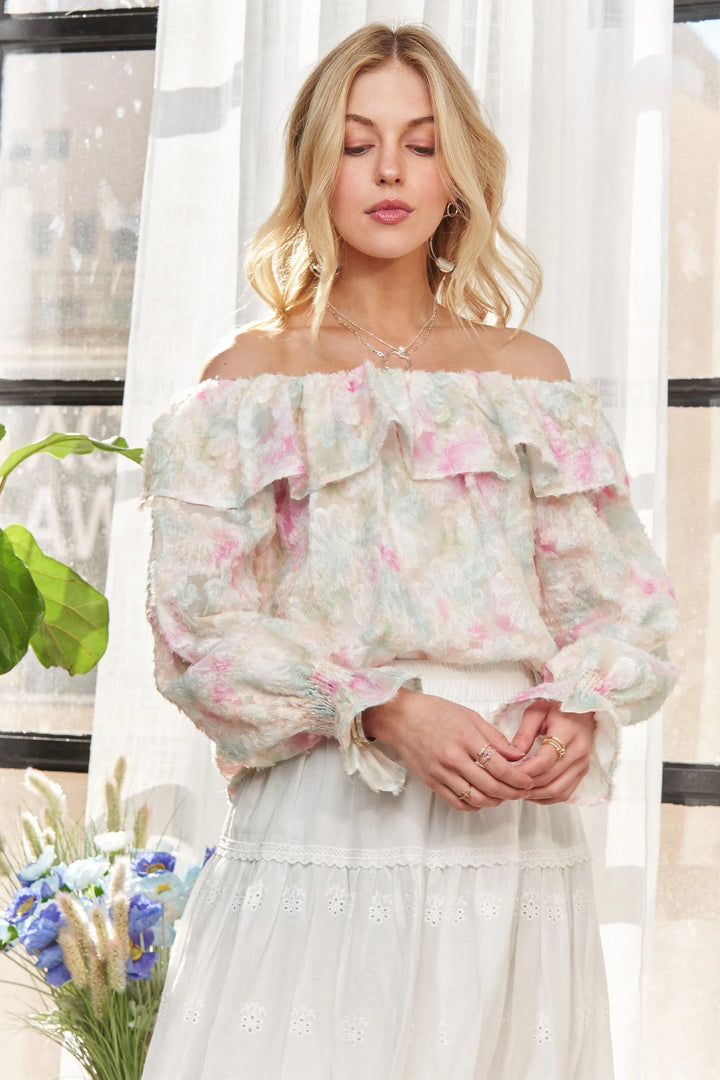 ADORA Ruffled Off Shoulder Floral Blouse Tops