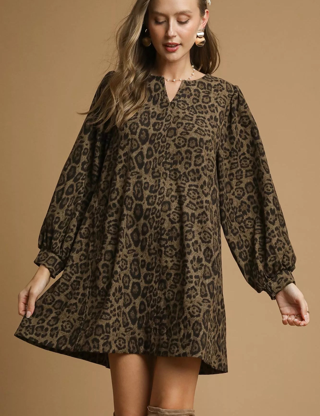 Olive Umgee Leopard Print Long Sleeve Swing Dress | Mini Dresses Daverri Fashions