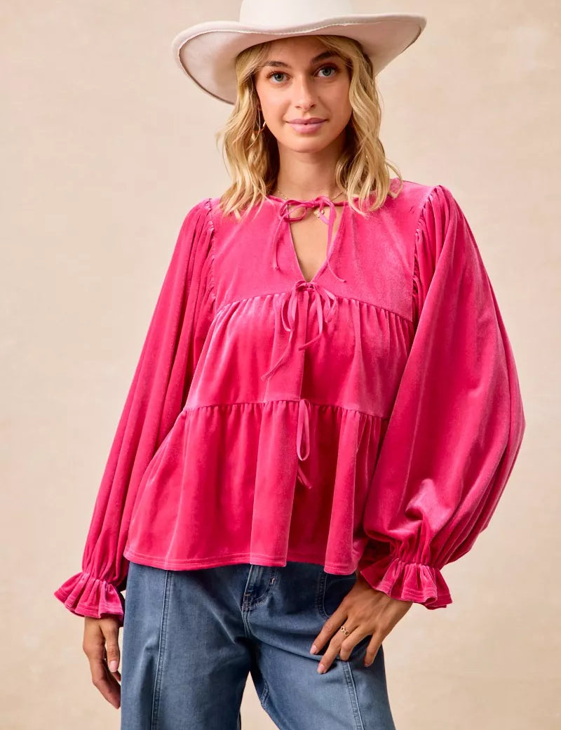 FUCHSIA BiBi Christmas Theme Velvet Bow Tied Blouse | Blouses Daverri Fashions