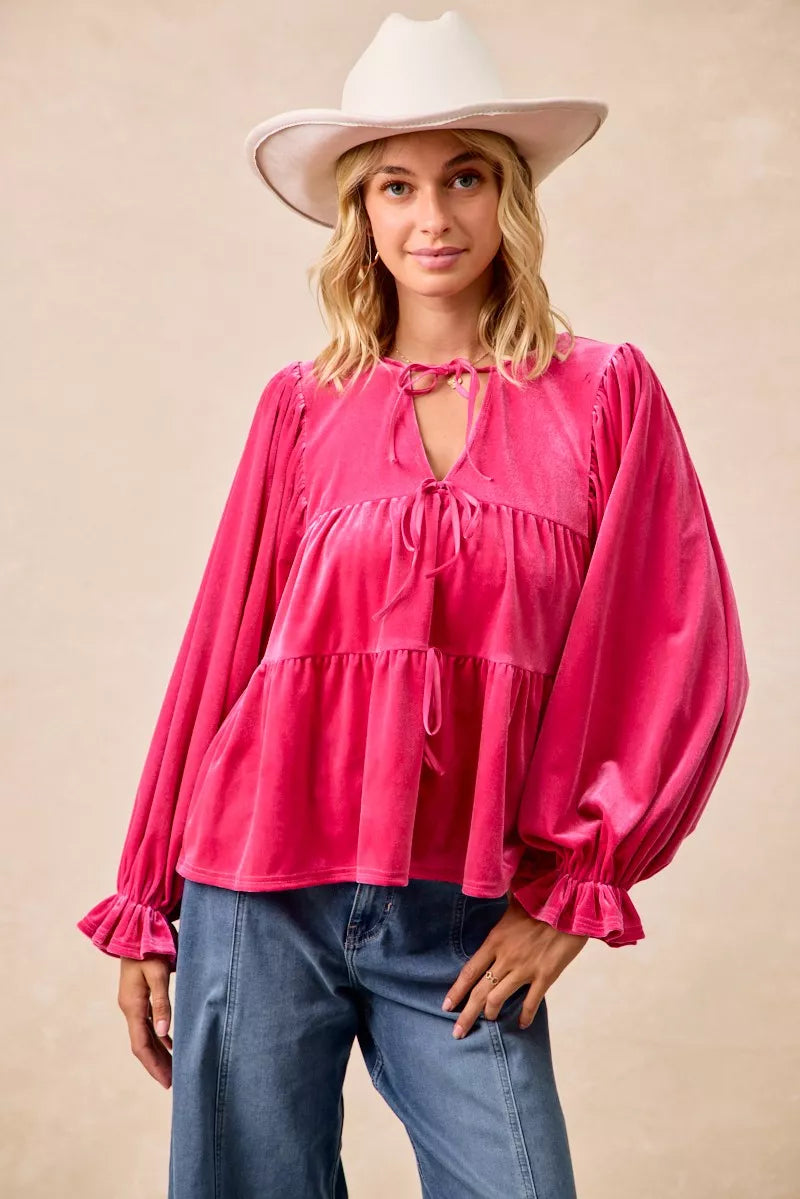 FUCHSIA BiBi Christmas Theme Velvet Bow Tied Blouse | Blouses Daverri Fashions