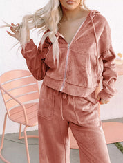 Zip Up Dropped Shoulder Hooded Top and Pants Set | Loungewear Sets Daverri Fashions