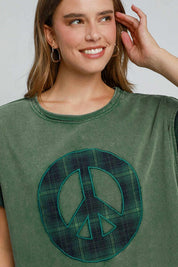 Umgee Peace Applique Round Neck French Terry Top Tops