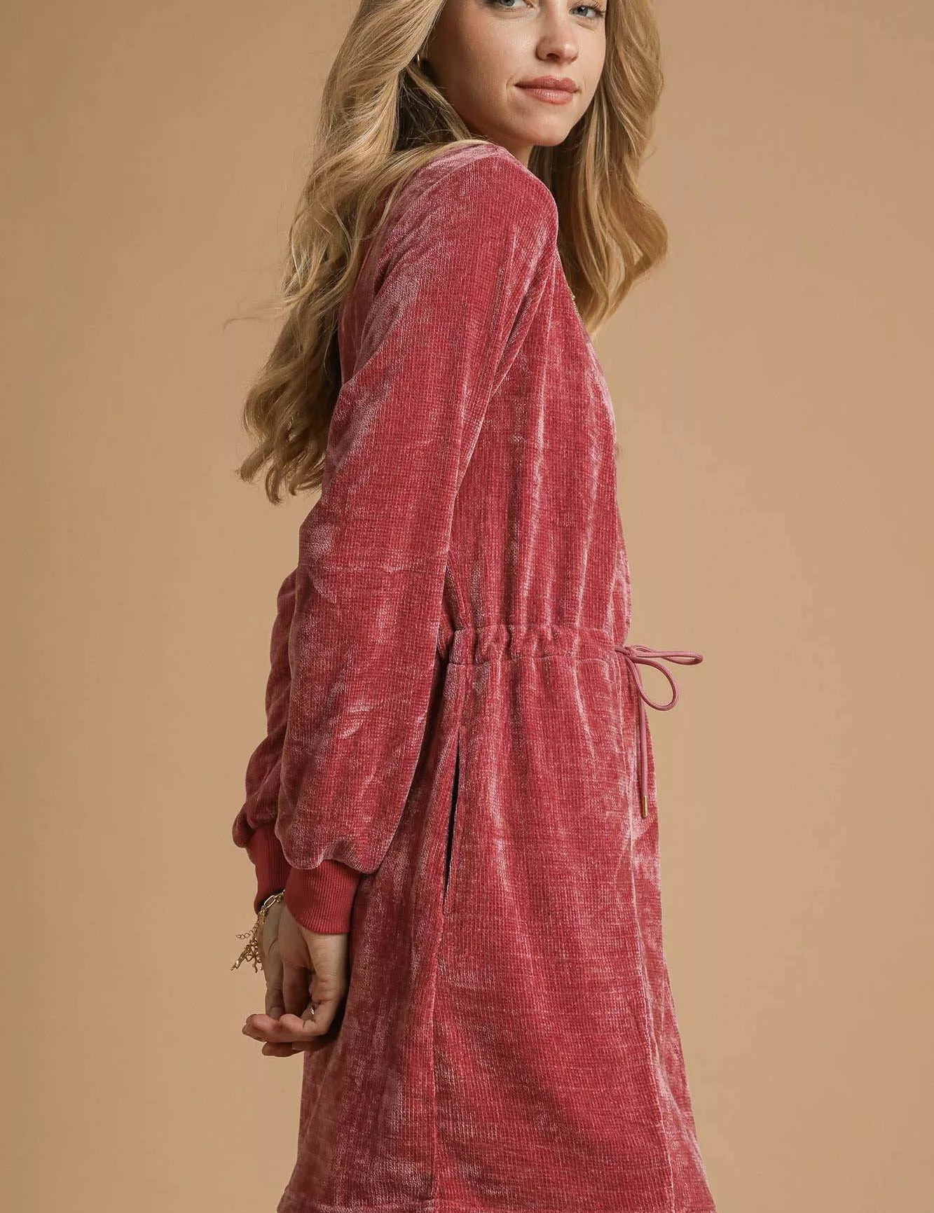 Umgee Velour Drawstring Mini Dress with Long Sleeves | Daverri Fashions