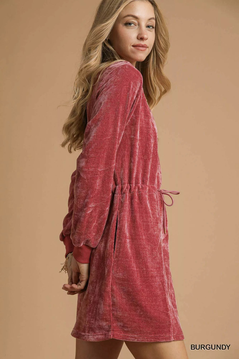 Umgee Velour Drawstring Mini Dress with Long Sleeves | Daverri Fashions