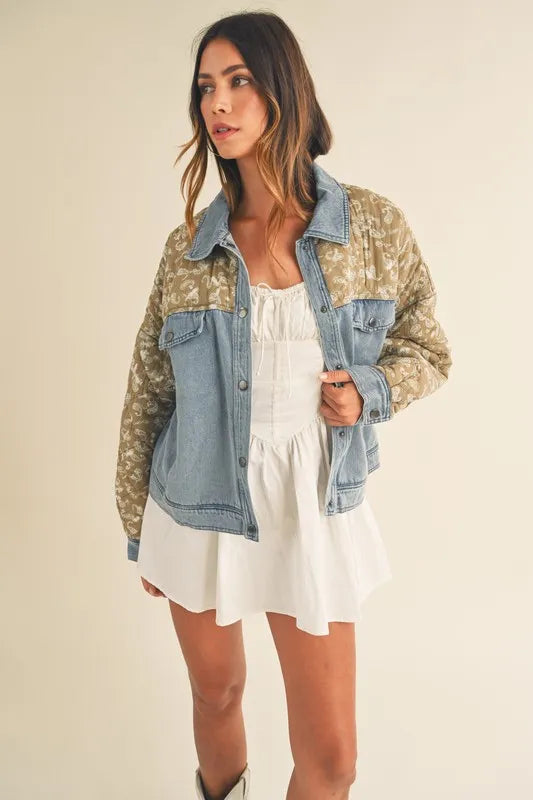 MABLE Quilted Paisley Print Contrast Denim Jacket