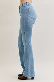 Light blue Judy Blue mid-rise bootcut jeans with flared legs