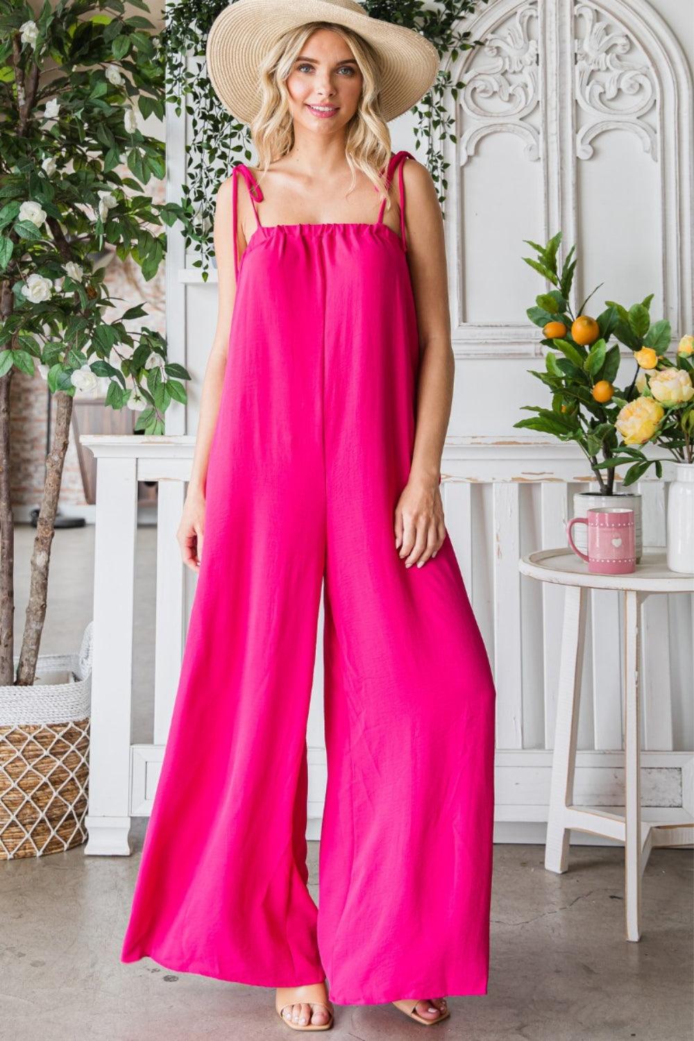 Veveret Pocketed Spaghetti Strap Wide Leg Jumpsuit Jumpsuits