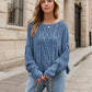 Cozy light blue cable-knit round neck dropped shoulder sweater