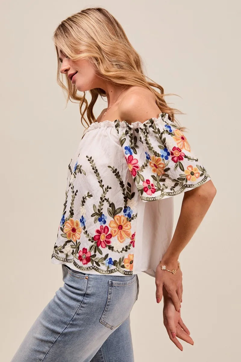 SO ME Floral Embroidered Two Way Off The Shoulder Blouse Blouses