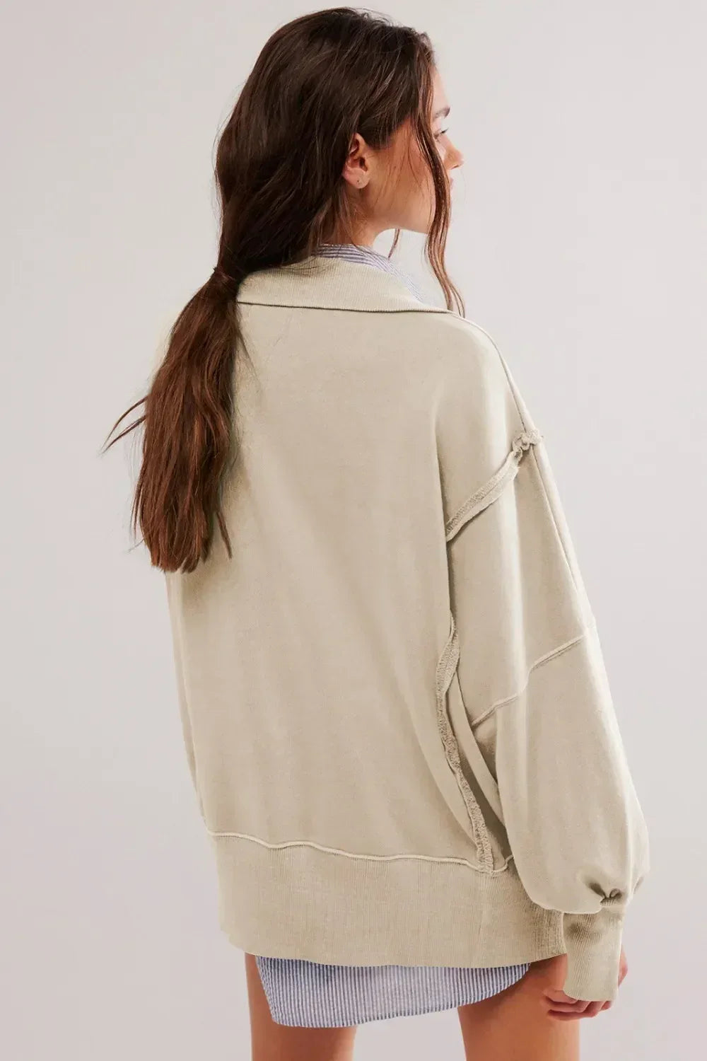 Exposed Seam Side Slit Long Sleeve Sweatshirt - DAVERRI FASHIONS
