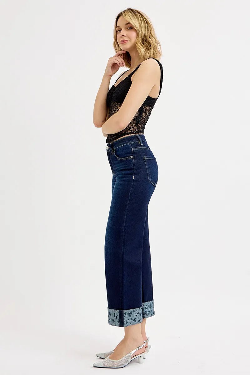 RISEN Full Size Mid Rise Fit Crop Wide With Printed Cuff Jeans Jeans