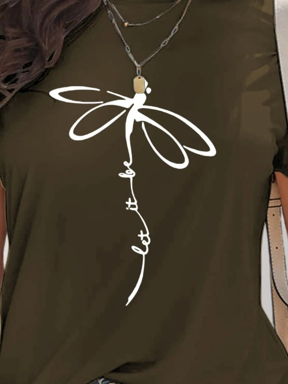 Olive green Dragonfly Graphic T-Shirt with layered necklaces