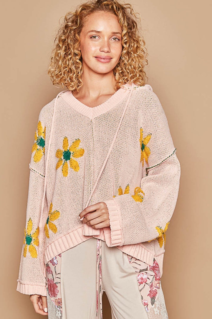 POL Floral Pattern Hooded High-Low Sweater Pink