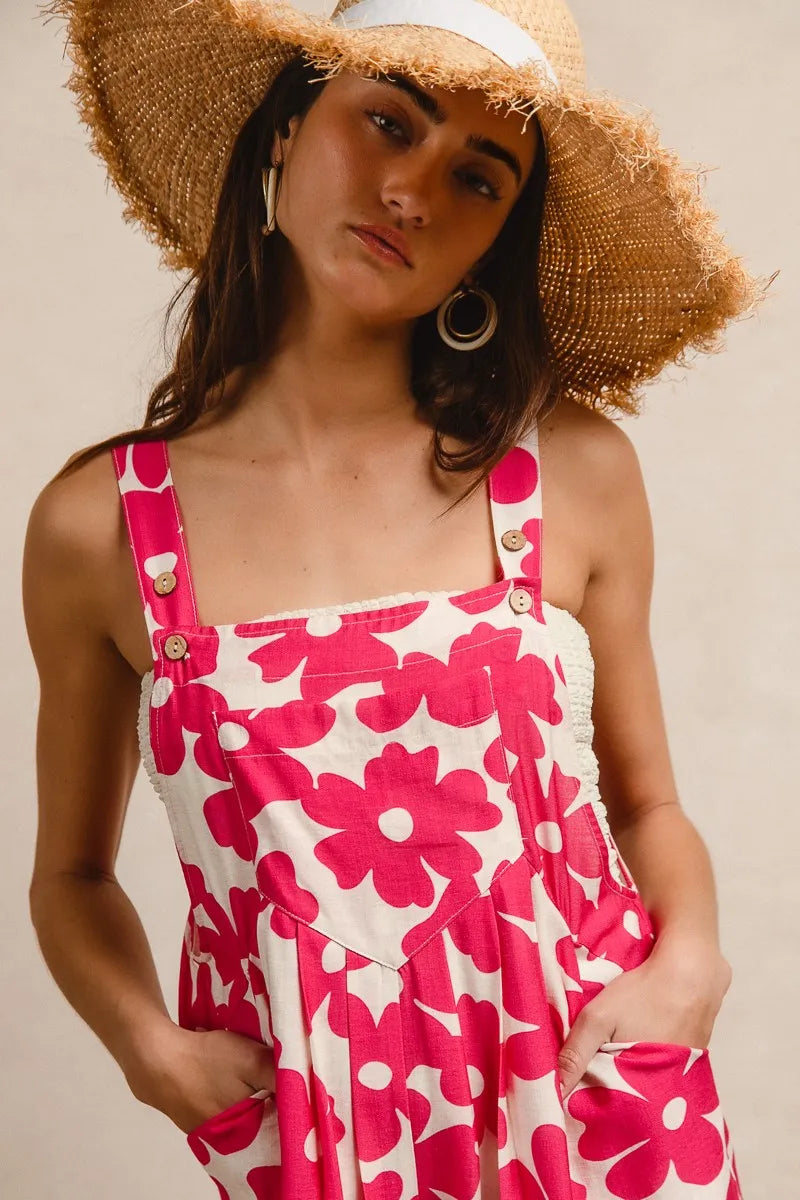BiBi Floral Prints Tuck Detail Short Overall With Pockets Overalls