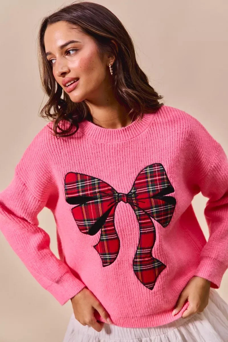 SO ME Checker Plaid Ribbon Christmas Holiday Sweater - DAVERRI FASHIONS