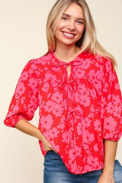 Haptics Full Size Ribbon Bow Floral Balloon Sleeve Blouse Blouses