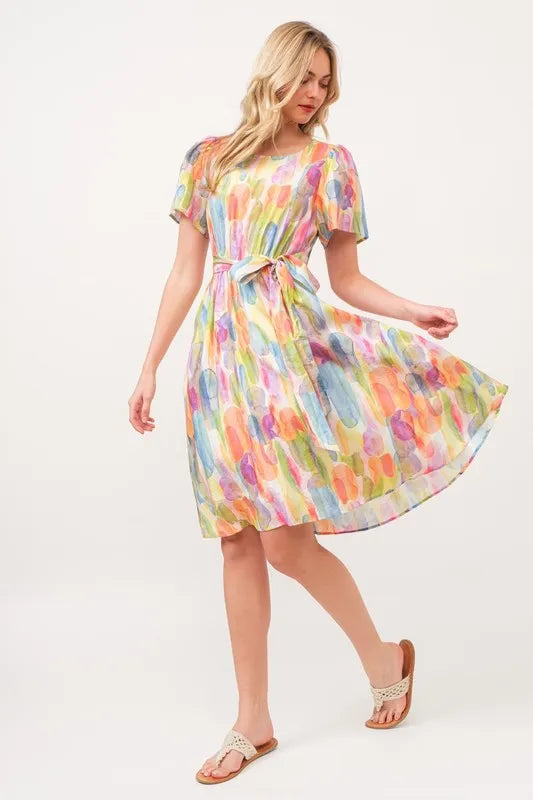Lime 'N' Chili Watercolor Print Tie Front Midi Dress | Daverri Fashions