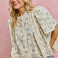 SO ME floral print lace trim flutter sleeves blouse in cream with blue embroidery