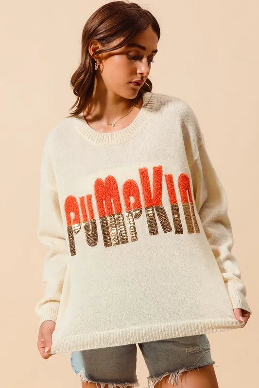 SO ME Contrast Sequin Pumpkin Slogan Sweater Top Sweaters