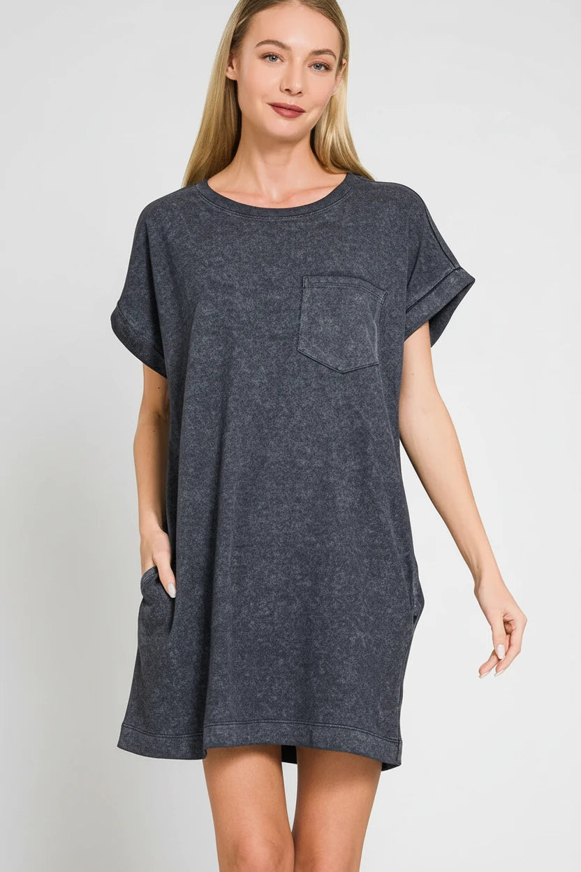 Zenana Premium Cotton Washed dark gray t-shirt dress