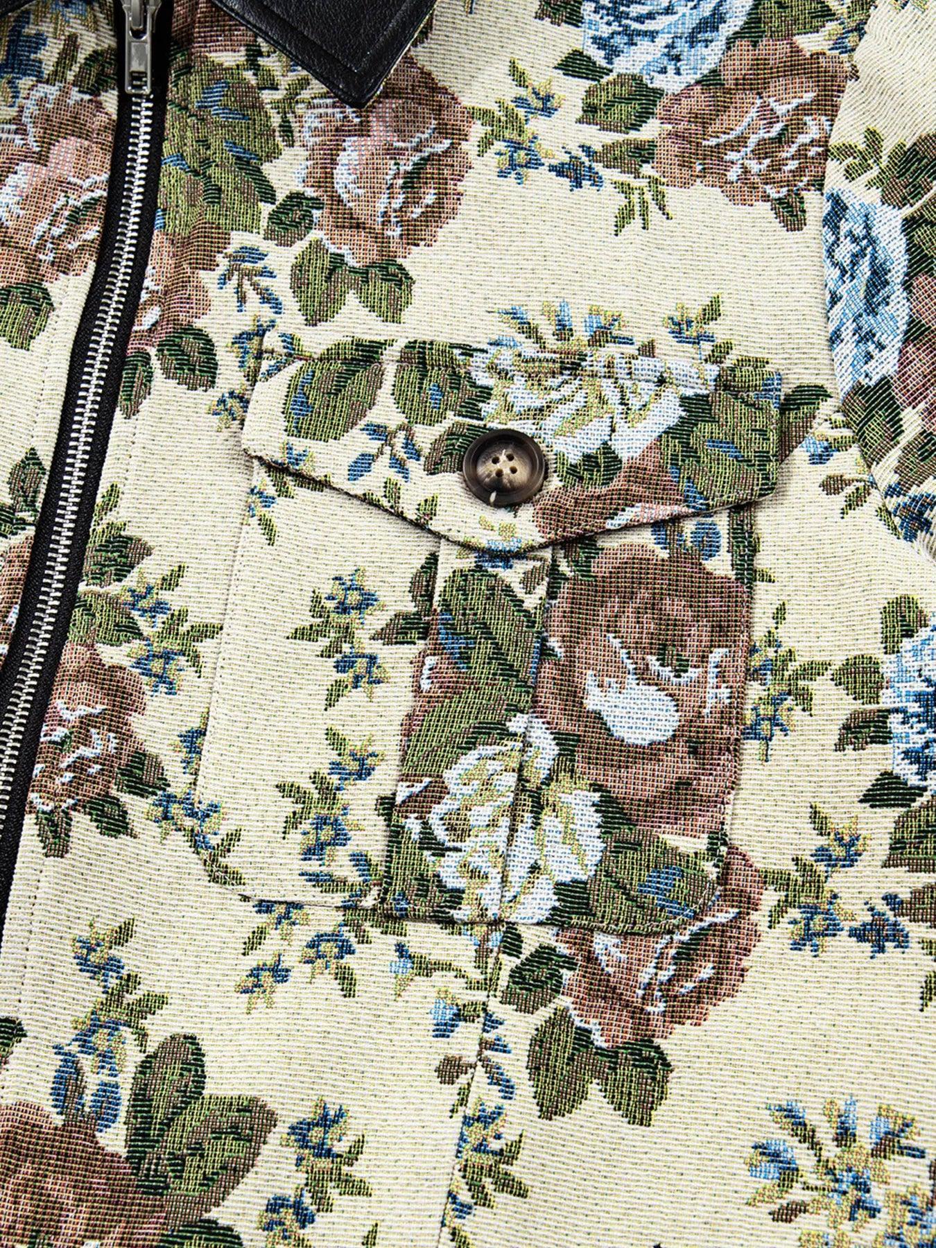 Vintage Floral Print Zip Up Contrast Collared Jacket - DAVERRI FASHIONS