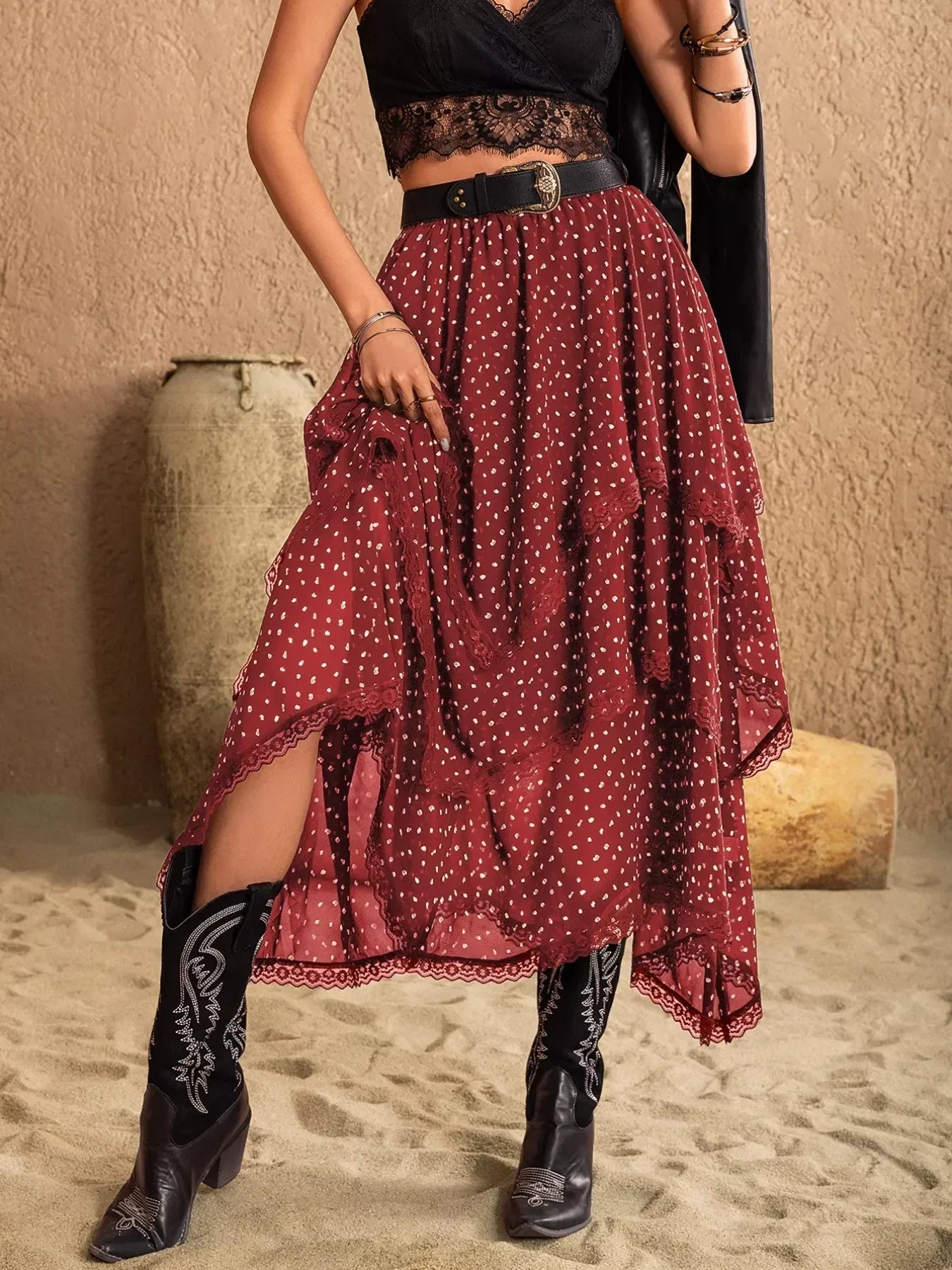 Lace Detail Layered Skirt - DAVERRI FASHIONS