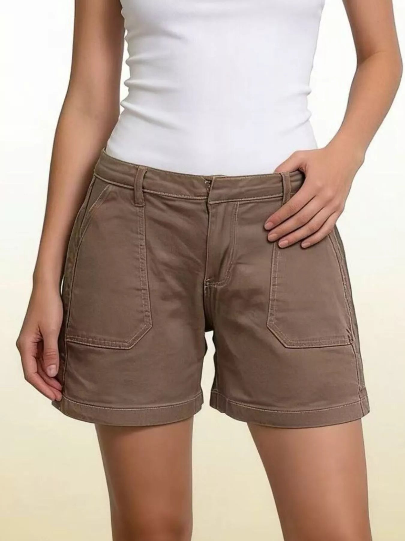 Daverri Pocketed Denim Shorts: brown cargo with rolled cuffs and front pockets