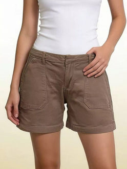 Daverri Pocketed Denim Shorts: brown cargo with rolled cuffs and front pockets