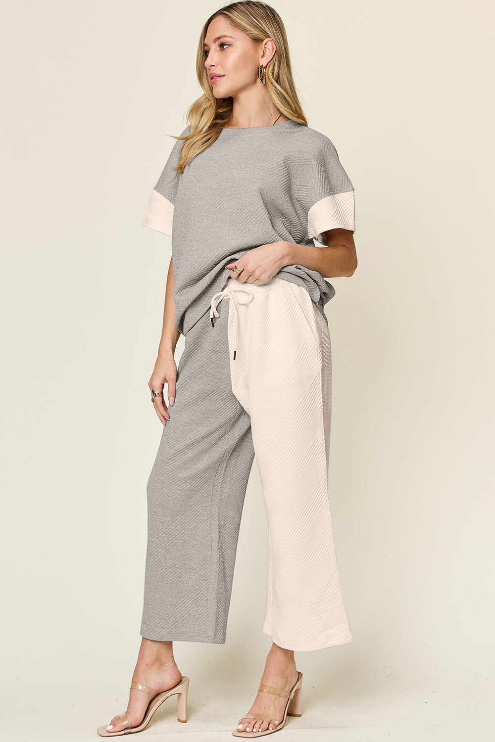 Double Take Full Size Texture Contrast T-Shirt and Wide Leg Pants Set Outfit Sets