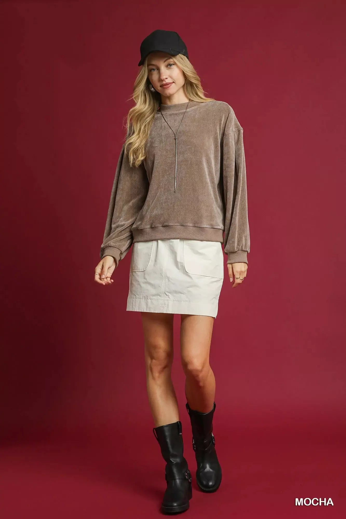 Umgee Velour Crewneck Balloon Sleeve Sweatshirt | Sweatshirts Daverri Fashions