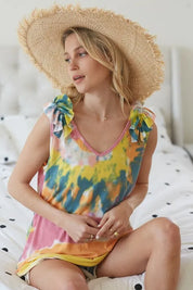BiBi Circular Tie Dye Knit V Neck Top With Ruffle | Tops Daverri Fashions