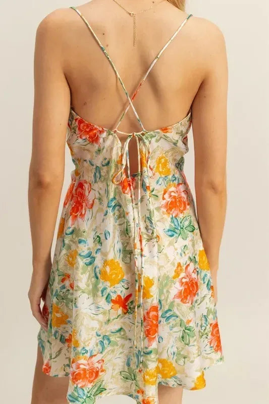 HYFVE Floral Cowl Neck Flirty Satin Mini Dress - DAVERRI FASHIONS