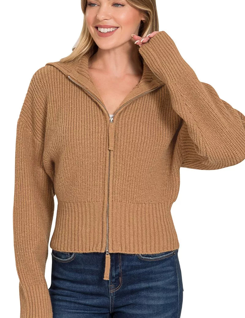 DEEP CAMEL Zenana Ribbed Collared Zip Up Sweater Cardigan | Cardigans Daverri Fashions