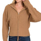 Zenana Ribbed Collared Zip Up Sweater Cardigan Camel - DAVERRI FASHIONS