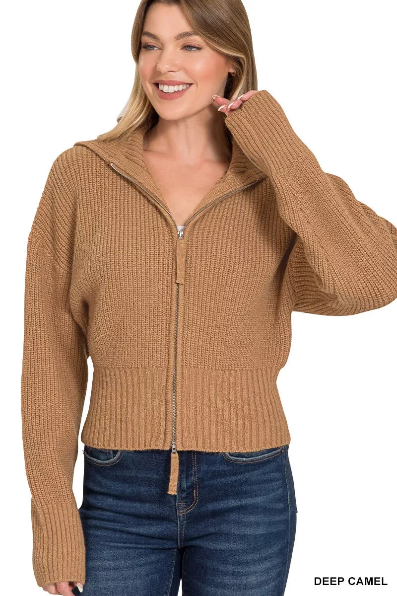 DEEP CAMEL Zenana Ribbed Collared Zip Up Sweater Cardigan | Cardigans Daverri Fashions