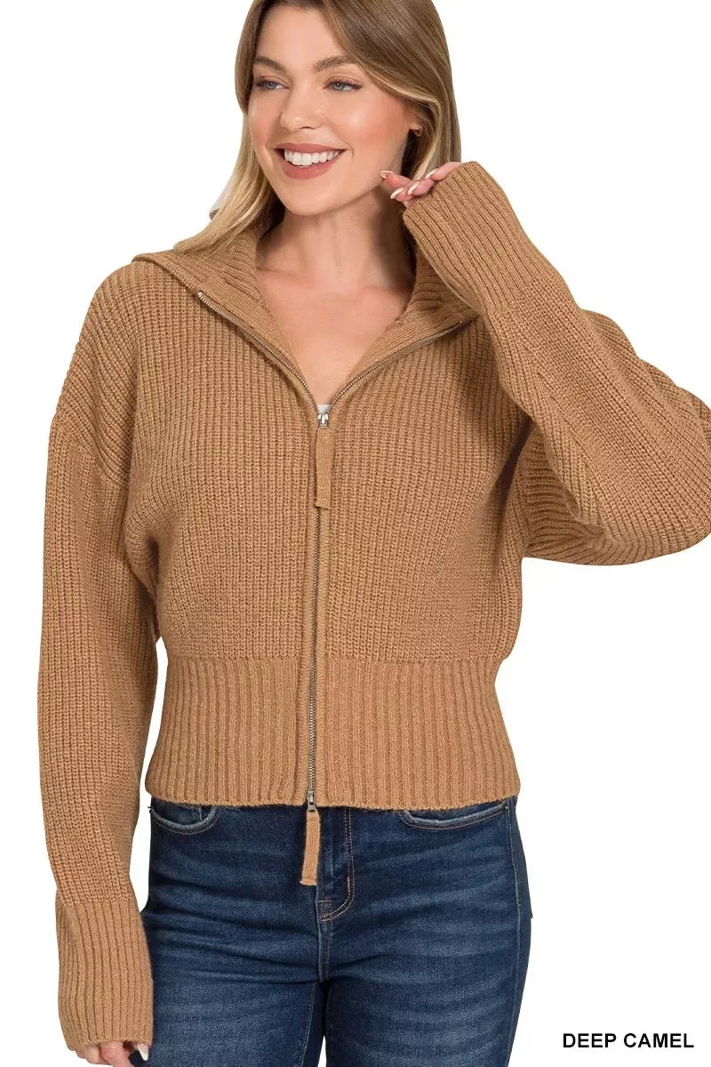 Zenana Ribbed Collared Zip Up Sweater Cardigan Camel - DAVERRI FASHIONS