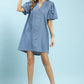 Umgee Chambray Puff Sleeve Dress in light blue denim with button front