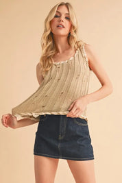 Aemi+Co Distressed Detail Round Neck Knit Tank | Daverri Fashions
