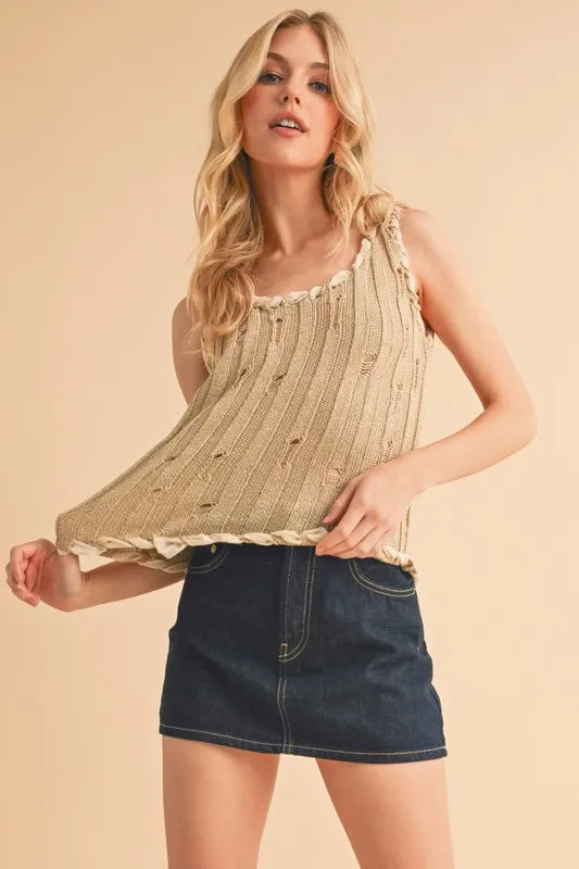 Aemi+Co Distressed Detail Round Neck Knit Tank | Daverri Fashions