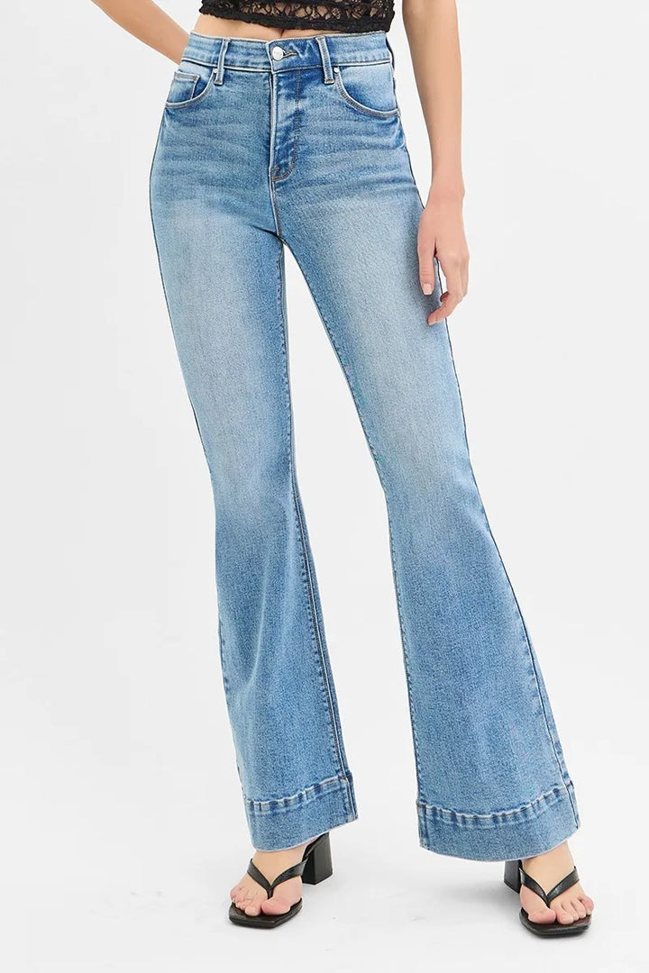 RISEN Full Size Tummy Control Elastic Band High Rise Flare Jeans Plus Size Jeans
