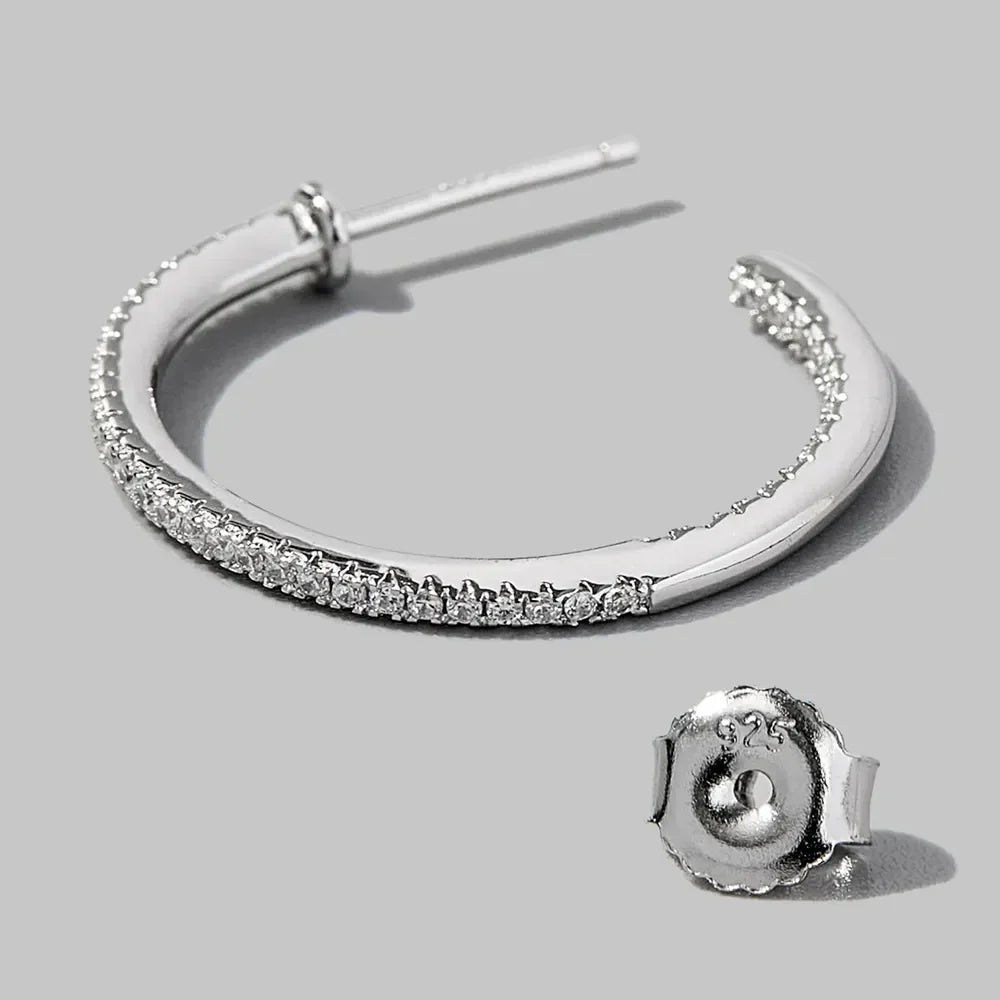 Zircon 925 sterling silver C-hoop earrings with silver diamond textured back