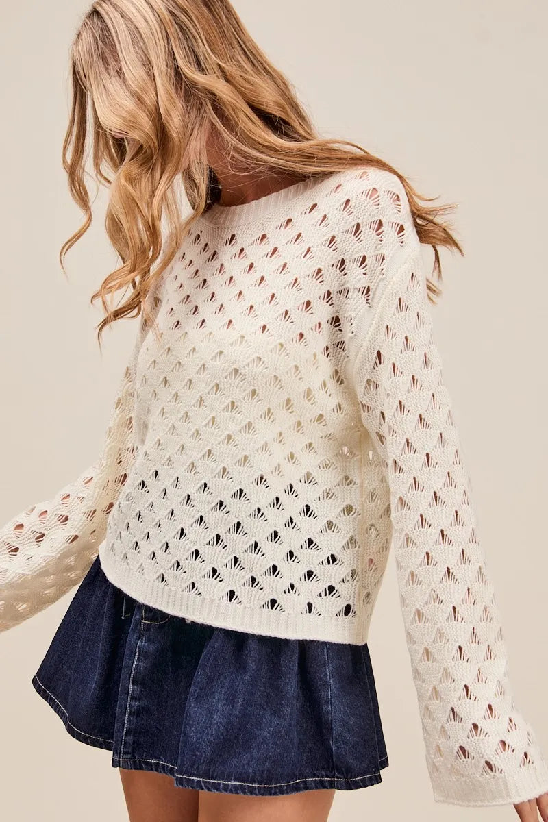 SO ME Geometric Pattern Open Knit Lightweight Sweater Sweaters
