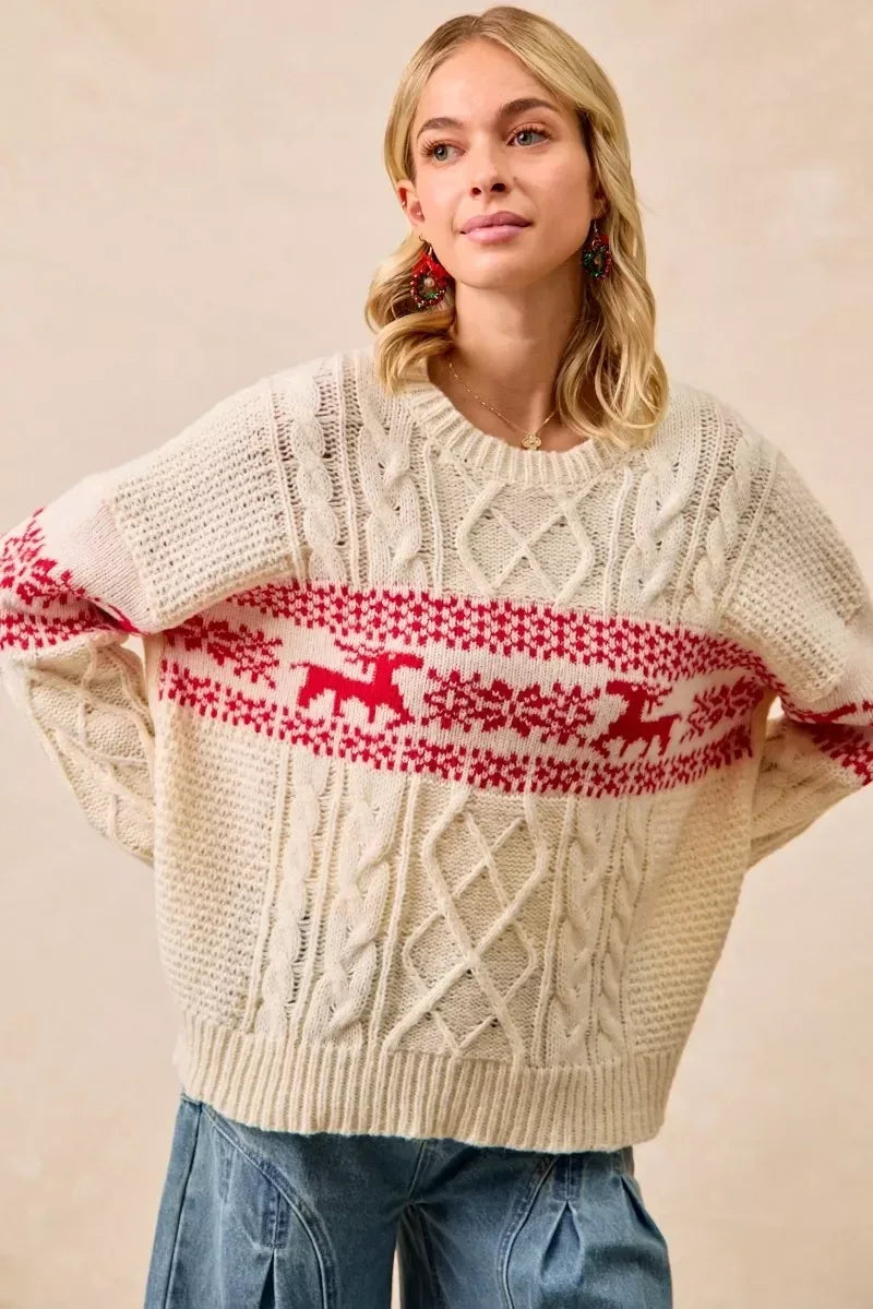 BiBi Christmas Theme Patterned Cable Knit Sweater - DAVERRI FASHIONS