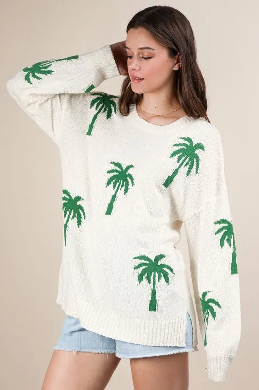 VERY J Palm Tree Graphic Oversized Knit Sweater Sweaters