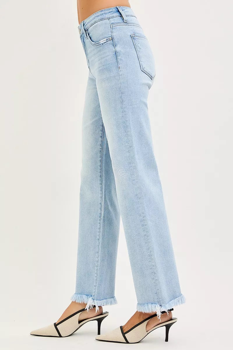 RISEN Tummy Control Mid Rise Ankle Straight Fray Hem Jeans in light-wash denim