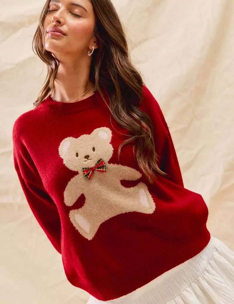 RED SO ME Teddy Bear With Check Ribbon Christmas Sweater | Daverri Fashions