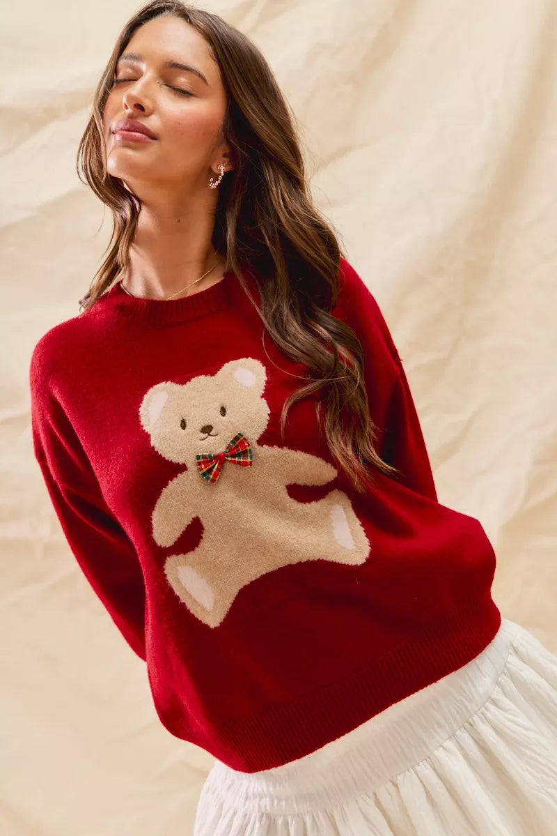 RED SO ME Teddy Bear With Check Ribbon Christmas Sweater | Daverri Fashions