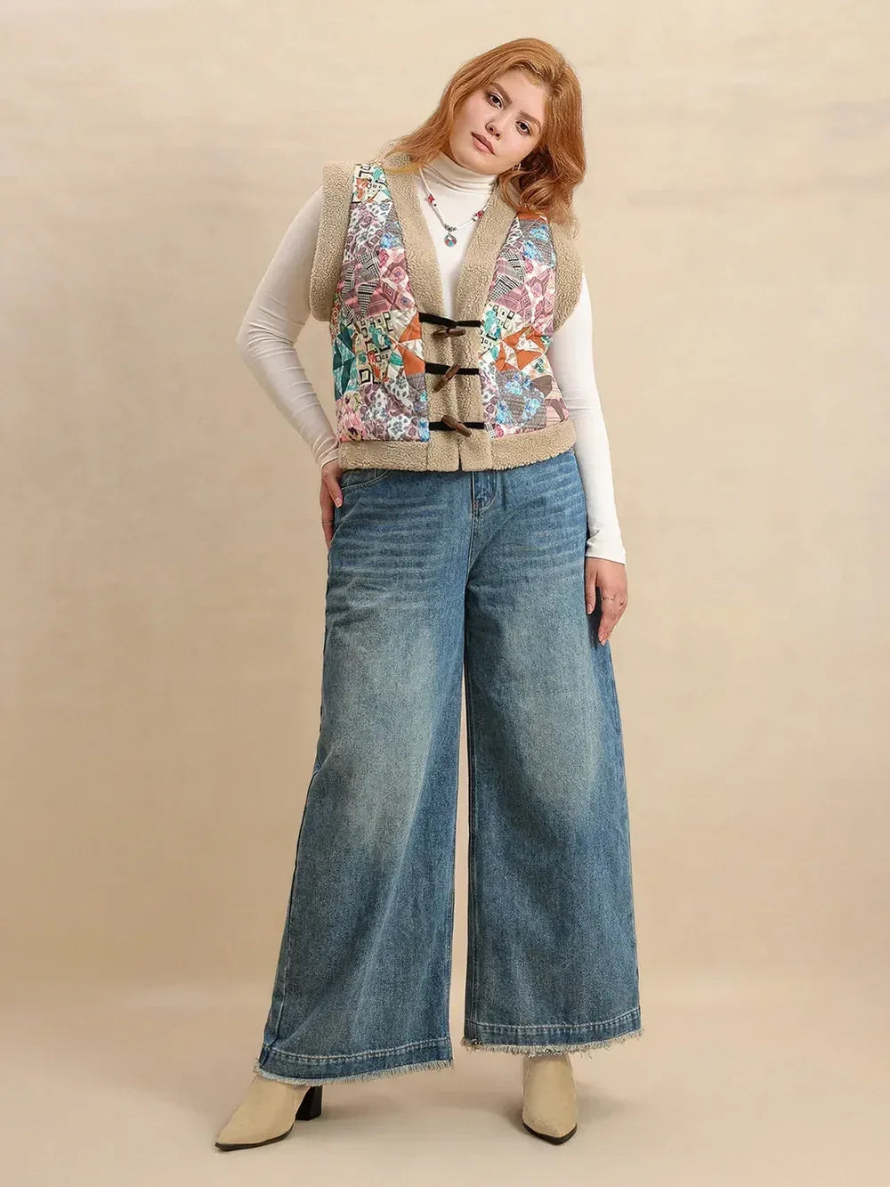 Plus Size Printed Sherpa Vest Coat - DAVERRI FASHIONS