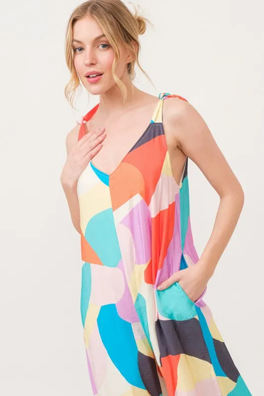 And The Why Tied Shoulder Straps Wide-Leg Geo Print Jumpsuit Jumpsuits