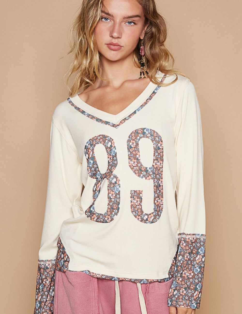 POL V-Neck Long Sleeve Floral Number Patch T-Shirt Butter Milk